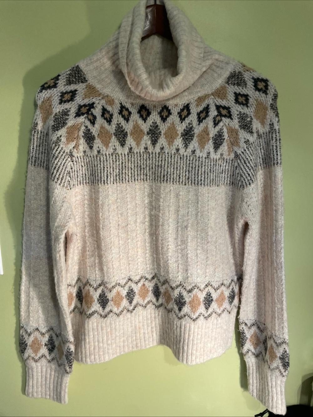 Nicole Miller Cream Turtleneck Fair Isle Sweater with Tan & Gray Accents
